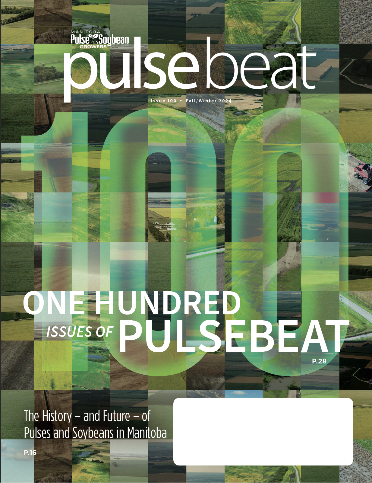 Cover of pulse beat issue 100. Photo collage of fields